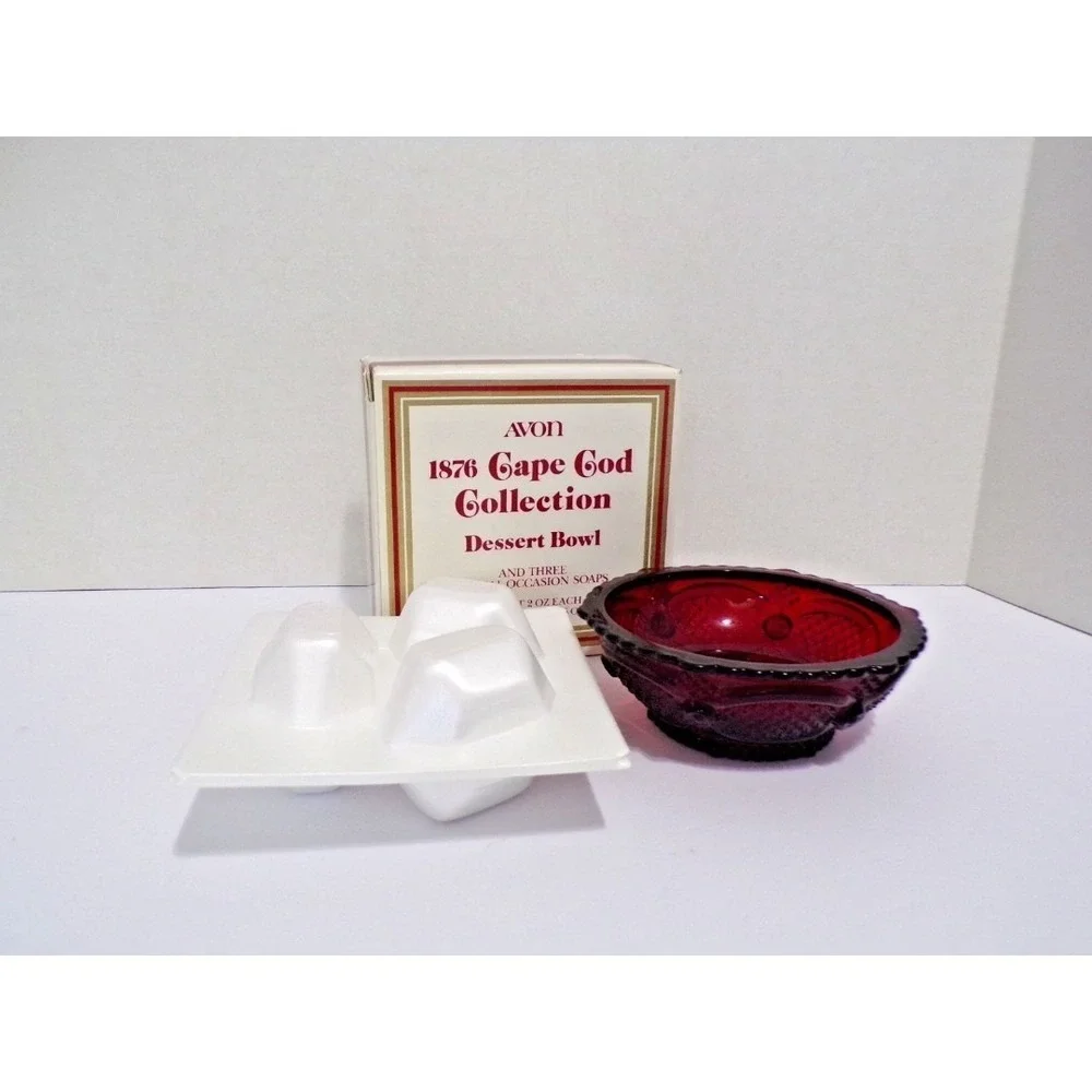 Avon 1876 Cape Cod Collection Soap Dish Dessert Bowl &SoapRuby Red Glass Vintage